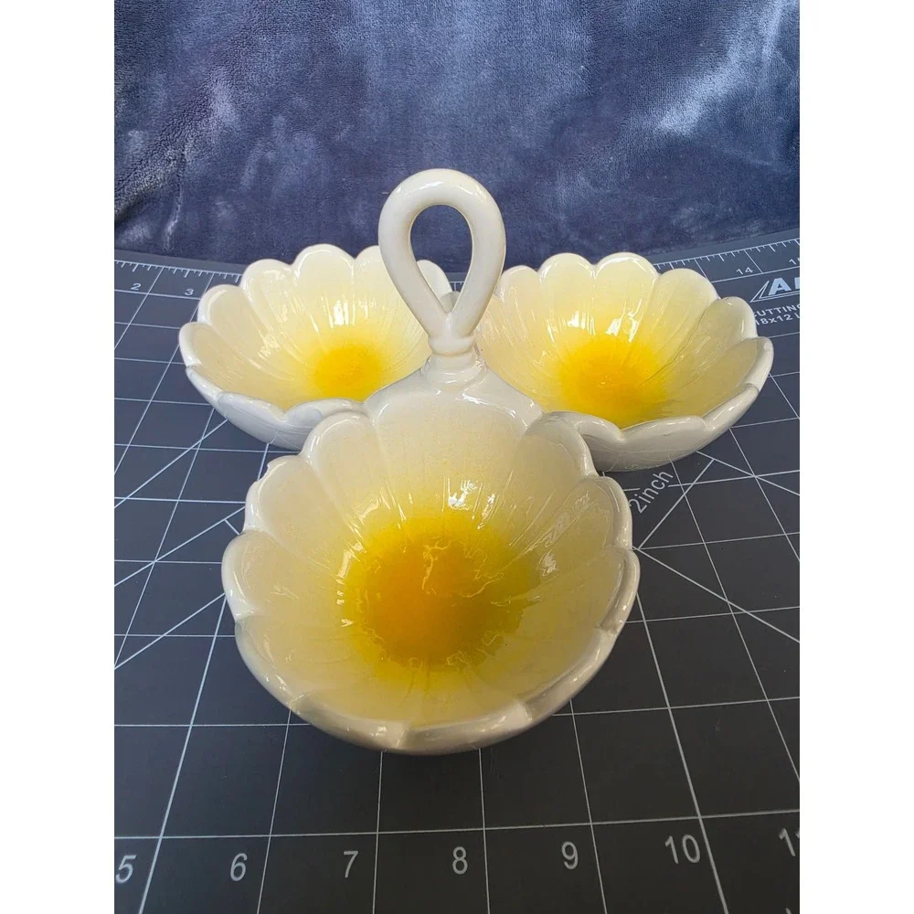 Harry & David Ceramic 3 Section Condiment Server Yellow Flower Petal Bowl Handle